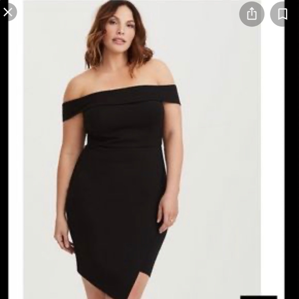 Black ponte off shoulder body con dress